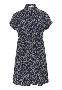 Marineblaues Kleid mit weißem abstraktem Muster, kurzen Ärmeln, Kragen, Knopfleiste und gebundenem Taillengürtel. Fließende Textur mit lässiger Passform.