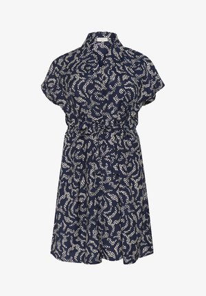 Robe navy avec motif abstrait blanc, manches courtes, col, bouton à l'avant et ceinture nouée à la taille. Texture fluide avec une coupe décontractée.