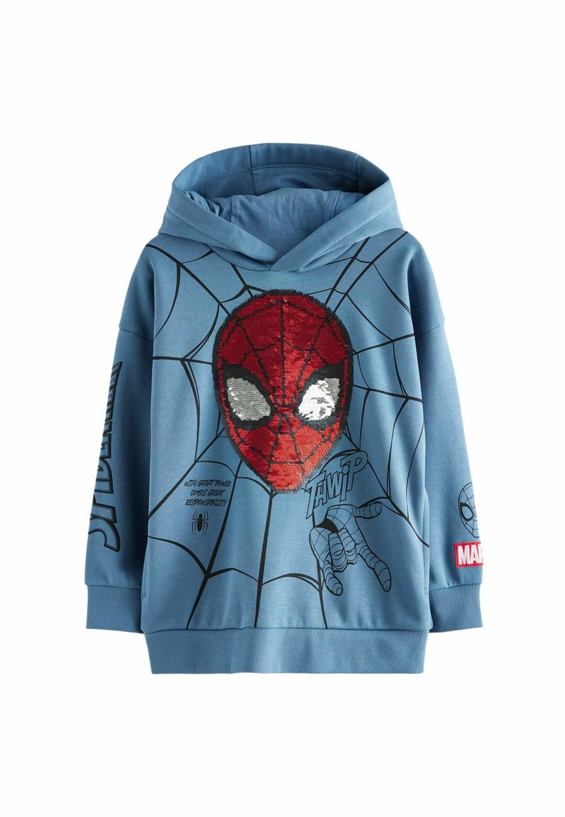 Felpa blu con grafiche di Spider-Man, che presenta una maschera rossa con paillettes, un design a ragnatela nera e un'etichetta rossa "MARVEL" sulla manica.