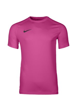 Bright pink short-sleeve athletic shirt with crew neck and small black Nike logo on upper left chest.