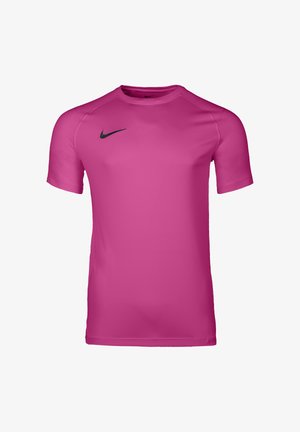 Helles pinkes Sportshirt mit kurzen Ärmeln, Rundhalsausschnitt und kleinem schwarzem Nike-Logo auf der oberen linken Brust.
