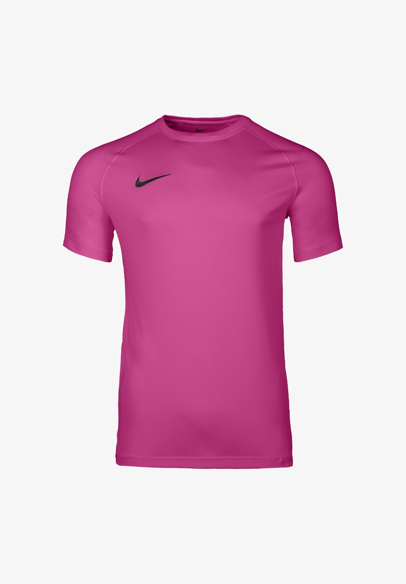 Helles pinkes Sportshirt mit kurzen Ärmeln, Rundhalsausschnitt und kleinem schwarzem Nike-Logo auf der oberen linken Brust.