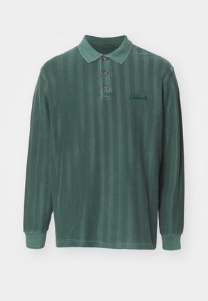 Roheline pikkade varrukatega polo-särk vertikaalsete triipudega, krae, kolme nupuga varrukas ja rinnal tikitud logo. Puuvillane materjal.