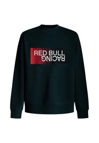 Čierna mikina s dlhými rukávmi, na prednej strane s výrazným červeným a bielym logom "RED BULL RACING" v obdĺžnikovom dizajne.