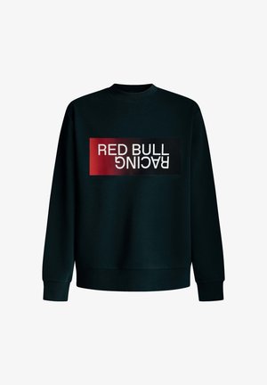 Fekete pulóver hosszú ujjakkal, a mellen élénk piros és fehér "RED BULL RACING" logóval, téglalap alakú dizájnban.