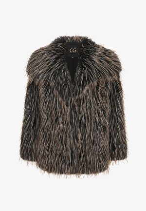 Umělý kožich v černé barvě s béžovými akcenty, s širokým límcem a volným střihem. Texturovaný povrch s dlouhými, chlupatými vlákny.