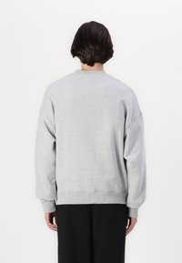 Gray sweatshirt viewed from the back, featuring a crew neck, ribbed cuffs, and a relaxed fit. Smooth texture and minimal design elements.