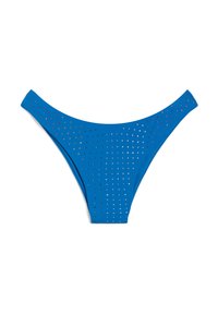 Sininen bikinitoppi, joka on valmistettu sileästä materiaalista ja jossa on leikkauksia, joissa on pieniä, kimaltelevia niittejä tasaisesti jakautuneina pinnalle.