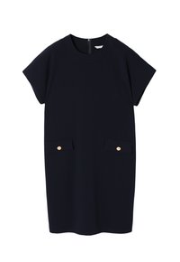 Navy blue dress, short sleeves, round neckline, with two front pockets featuring gold buttons. Smooth fabric, knee-length design.