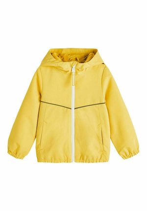Veste à capuche jaune pour enfants avec fermeture éclair avant, poignets élastiques, deux poches et une fine ligne sombre traversant la poitrine.