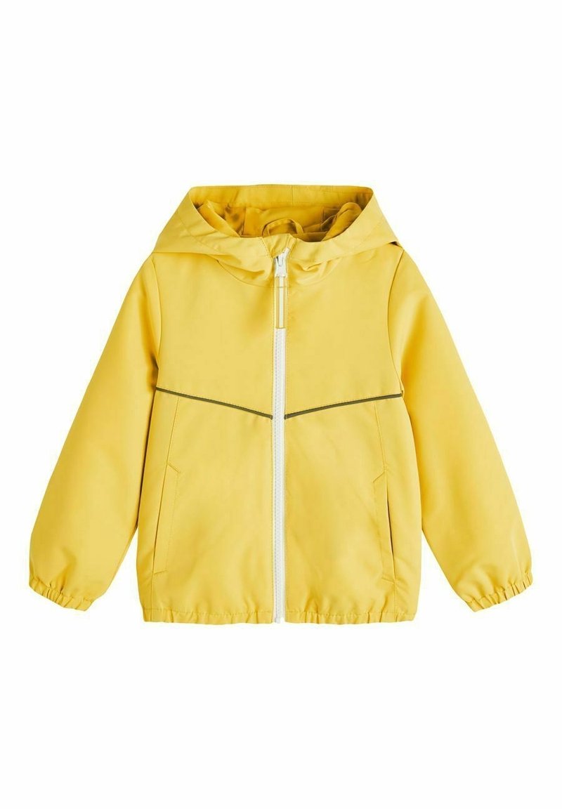 Veste à capuche jaune pour enfants avec fermeture éclair avant, poignets élastiques, deux poches et une fine ligne sombre traversant la poitrine.