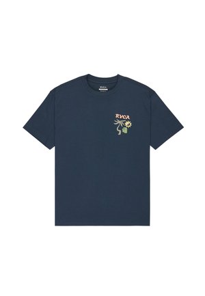 T-shirt en coton bleu marine à manches courtes, présentant un design à l'avant avec le texte "RVCA" et des éléments graphiques en rose, vert et jaune.