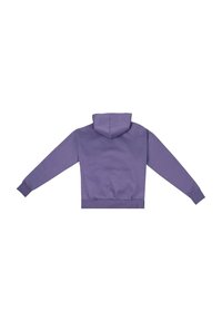 Lila Kapuzenpullover mit Kängurutasche, gerippten Bündchen und Saum. Verfügt über eine Kapuze hinten und einen weichen, strukturierten Stoff.