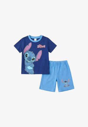 Ensemble bleu pour enfants composé d'un T-shirt et d'un short représentant le personnage de dessin animé Stitch de Disney, avec un grand motif sur le T-shirt et un petit motif sur le short.