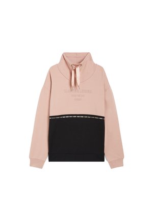 Tweekleurige sweatshirt met lichtroze bovenste helft en zwarte onderste helft, hoge kraag met roze trekkoorden en lange mouwen.