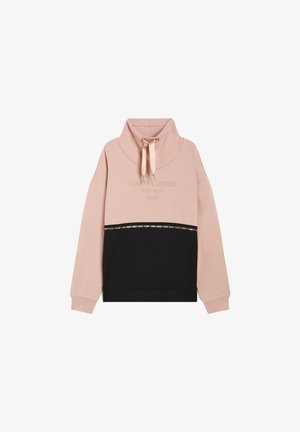 Tweekleurige sweatshirt met lichtroze bovenste helft en zwarte onderste helft, hoge kraag met roze trekkoorden en lange mouwen.