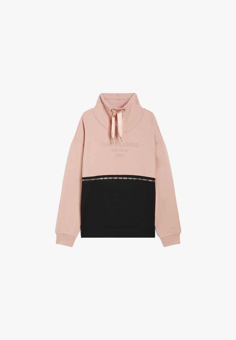 Sweat-shirt bicolore avec moitié supérieure rose pâle et moitié inférieure noire, col montant avec cordons roses et manches longues.