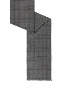 Woven scarf featuring a check pattern in navy and beige. Edges are fringed, showcasing texture and lightweight material.