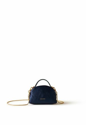 Piccola borsa a mano in pelle blu navy con tracolla e manico a catena dorata, con logo Borbonese impresso al centro davanti.