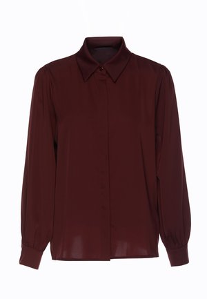 Long-sleeve dark burgundy blouse with a pointed collar, button closure, and gathered fabric at the cuffs and shoulders.