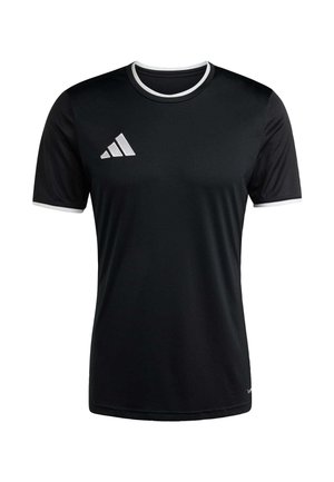 Černé sportovní tričko s krátkými rukávy, bílým lemováním na límci a rukávech a bílým logem se třemi pruhy na levé straně hrudi.