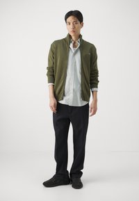 Olivgrüner Reißverschluss-Pullover über einem hellblauen Hemd mit Knöpfen, kombiniert mit dunklen Hosen und schwarzen Sneakers. Einfaches Design, lässige Passform.
