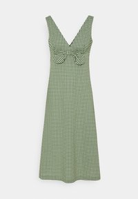 Grünes Vichykaro-Kleid mit V-Ausschnitt, breiten Trägern und einer Schleifendetail in der Taille. A-Linien-Silhouette, glatte Textur, knielanges Design.