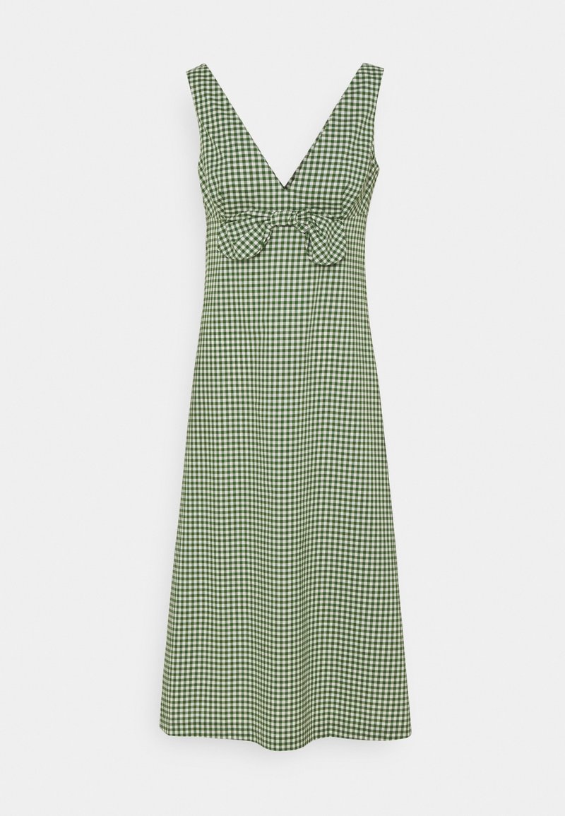 Grünes Vichykaro-Kleid mit V-Ausschnitt, breiten Trägern und einer Schleifendetail in der Taille. A-Linien-Silhouette, glatte Textur, knielanges Design.