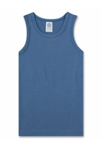 Canotta blu senza maniche realizzata in tessuto morbido. Presenta una scollatura rotonda e cuciture rinforzate lungo i bordi. Nessun motivo o decorazione.