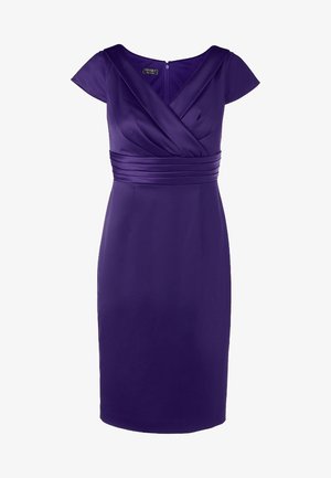 Purple knee-length dress with short sleeves, a wrap-style V-neckline, and a fitted waist with horizontal pleats.