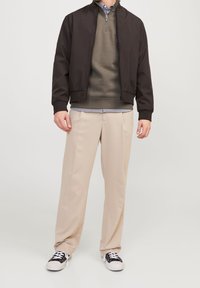 Zwarte bomberjack over een olijfgroene trui, beige broek en zwarte sneakers. Heeft een jas met ritskraag en een gestreept shirt eronder.