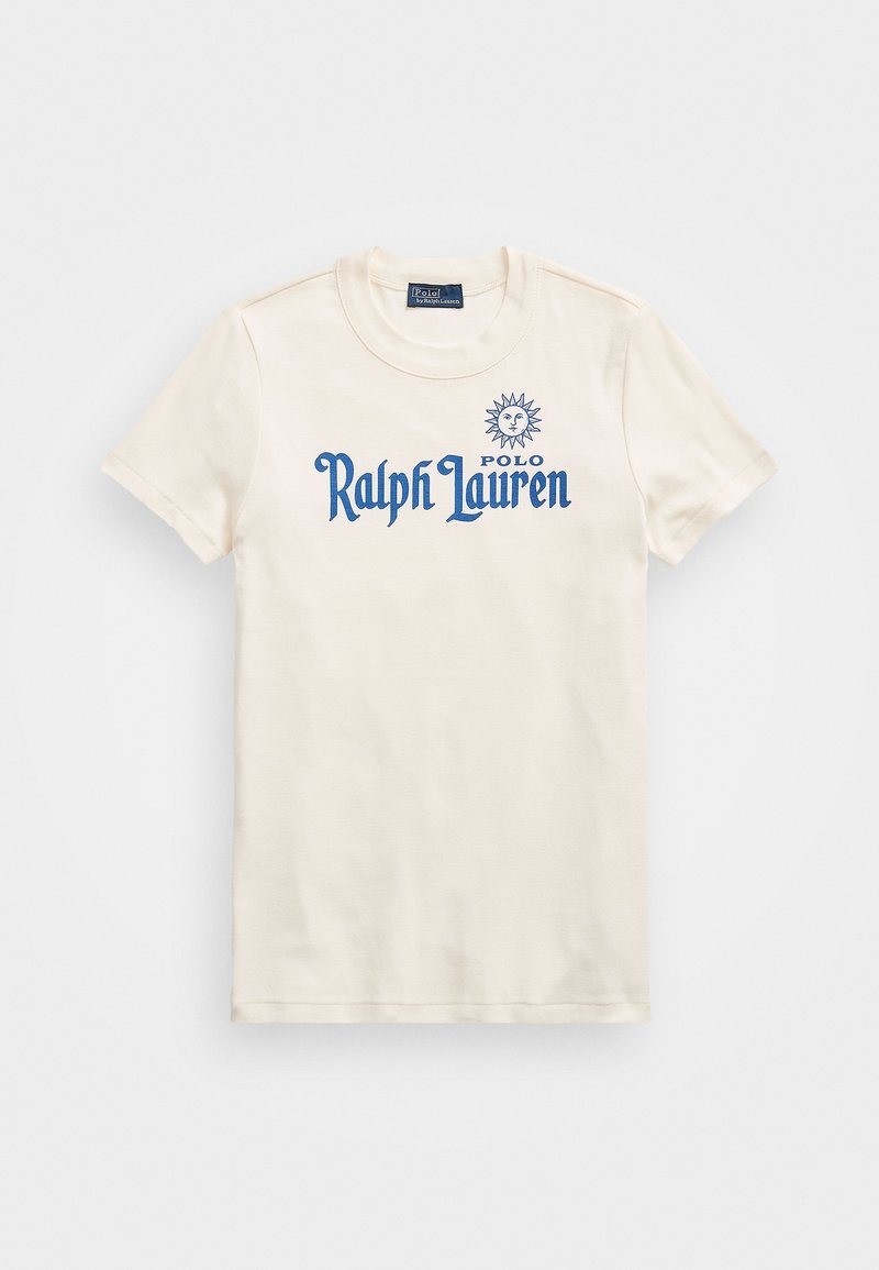 T-shirt en coton crème avec logo bleu "Polo Ralph Lauren" et graphique de soleil. Manches courtes et col rond avec une coupe standard.