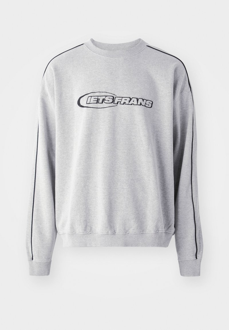 Grauer Sweatshirt mit langen Ärmeln, rundem Ausschnitt, schwarzen Seitenstreifen und "LETS FRANS" in fetten Buchstaben auf der Vorderseite aufgedruckt.