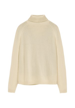 Suéter de punto con cuello alto color crema, mangas largas y puños, cuello y dobladillo acanalados, mostrado sobre un fondo blanco.