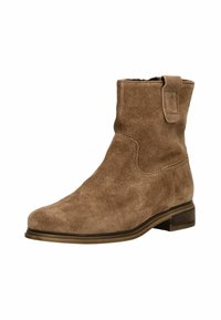 Bottine en daim marron avec un petit talon, fermeture éclair latérale et tirette sur une semelle lisse, adaptée pour un usage décontracté.