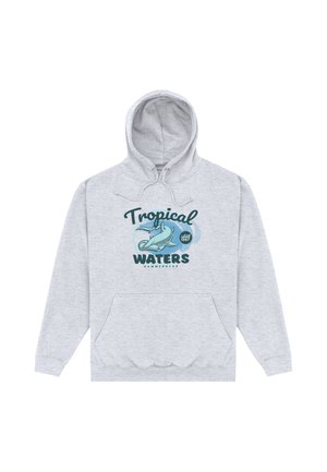 Lysegrå hættetrøje med forlommer og design med en hammerhaj og teksten "Tropical Waters Hammerhead."