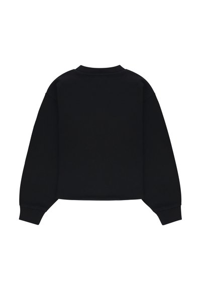 Felpa nera corta realizzata in tessuto morbido, caratterizzata da un collo rotondo, maniche lunghe e un retro semplice senza loghi o motivi visibili.