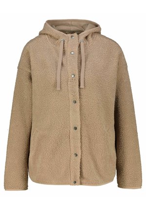 Beige Kapuzenjacke aus strukturiertem Fleece-Stoff, mit vorderen Druckknöpfen und Kordelzug an der Kapuze, langen Ärmeln und lockerem Schnitt.