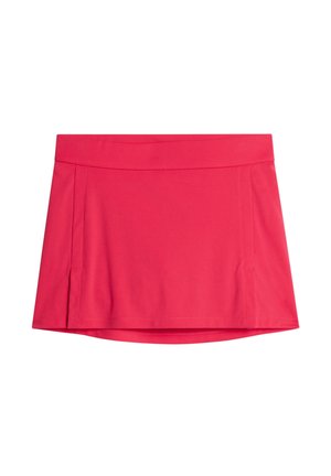 Gonna sportiva rosa realizzata in tessuto elasticizzato. Presenta una cintura ampia, pieghe laterali e un orlo dritto per un design pulito.