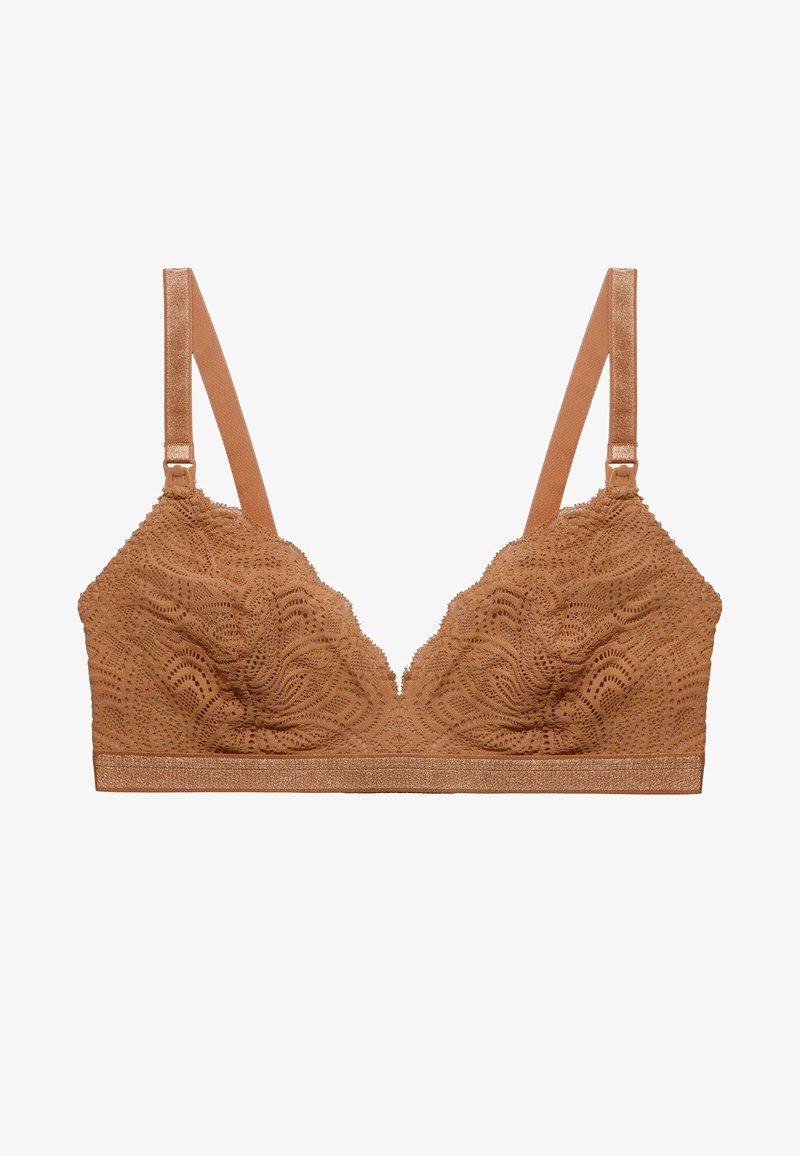 Kanten bralette in warmbruin met een golvende rand, verstelbare satijnen schouderbanden en een gestructureerd bloemenpatroon. Zacht, niet-gevormd ontwerp.