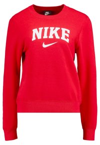 Röd sweatshirt i mjukt material, med rund hals, långa ärmar och vitt "NIKE"-logotyp med swoosh framtill.