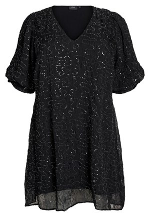 Abito nero con scollo a V, maniche corte a palloncino, tessuto testurizzato con paillettes in un motivo a vortice e una silhouette ampia e fluente.