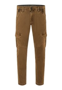 Brown cargo pants made of soft fabric, featuring multiple side pockets, a button closure, and tapered legs. Plain design with minimal detailing.