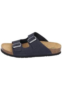 Black suede slide sandal with two adjustable buckles, cork footbed, and rubber sole. Features a sturdy design for comfort and support.