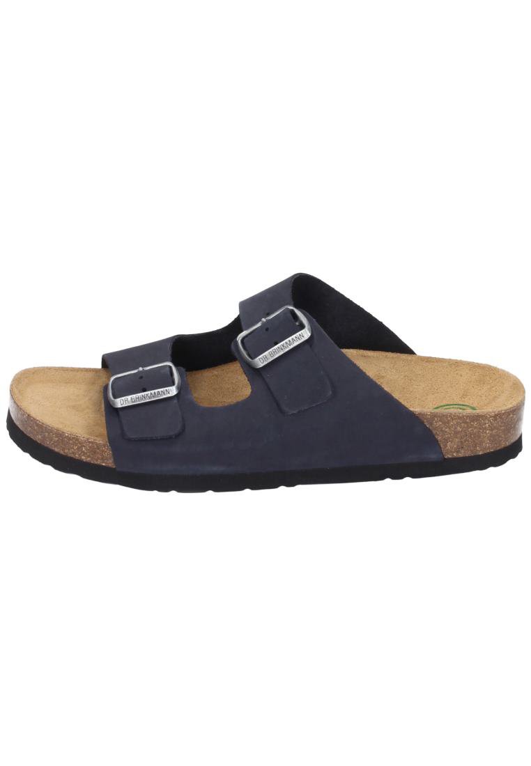Black suede slide sandal with two adjustable buckles, cork footbed, and rubber sole. Features a sturdy design for comfort and support.