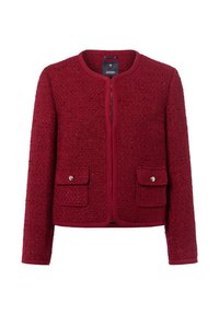 Giacca in tweed rosso texture con due tasche davanti a flap e maniche lunghe, senza colletto e con scollatura rotonda.