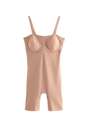 Body beige sculptant sans coutures avec bretelles réglables et jambes mi-cuisse, conçu pour le modelage du corps.