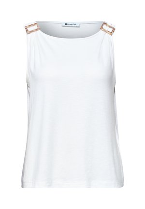 Witte mouwloze top met vierkante schildpadgespen op de schouderbanden en een ronde hals, label "Street One" binnenin.