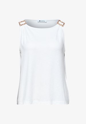 Witte mouwloze top met vierkante schildpadgespen op de schouderbanden en een ronde hals, label "Street One" binnenin.