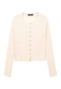 Cárdigan de color crema con canalé, de manga larga, escote redondo y cierre frontal de botones con botones de color plateado; de longitud corta.